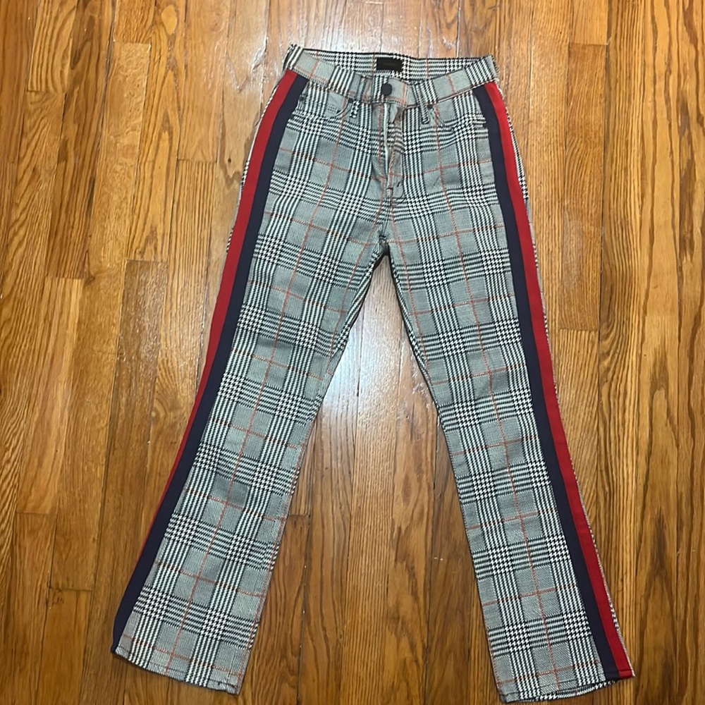 MOTHER Plaid Straight Leg Jeans with Red & Navy Side Stripes